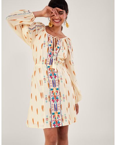 Monsoon Aztec Print And Embroidered Short Dress Ivory - Natural