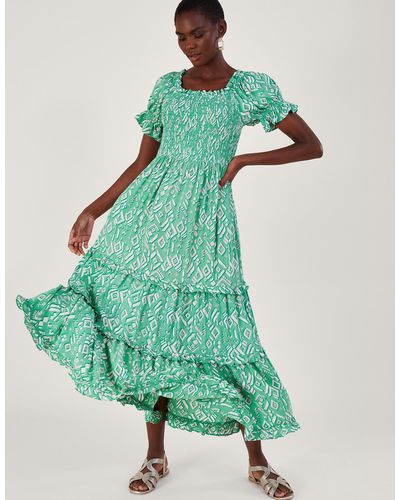 Monsoon Gigi Print Bardot Maxi Dress In Sustainable Viscose Green