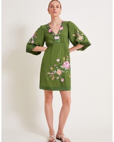 Monsoon Alice Embroidered Short Dress Green