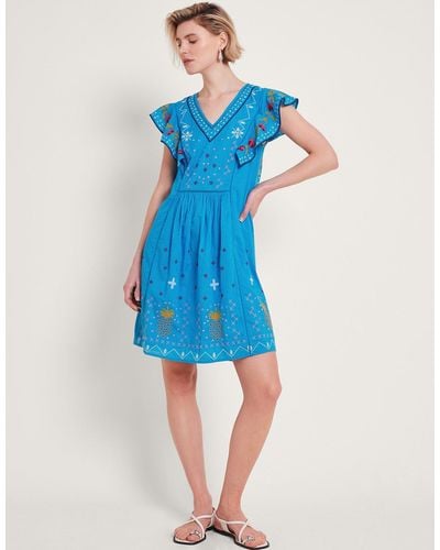 Monsoon Prue Pineapple Embroidered Dress Blue