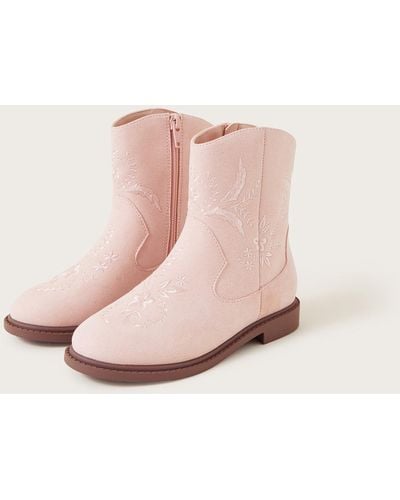 Monsoon Suede Embroidered Floral Cowboy Boots Pink