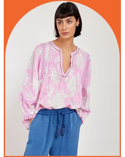 Monsoon East Embellished Print Blouse Pink - White