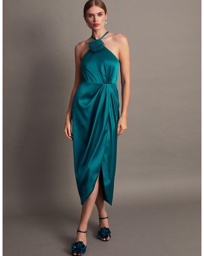 Monsoon Sabrina Corsage Halterneck Dress Teal - Blue