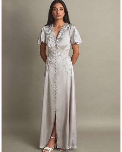 Monsoon Mia Satin Embroidered Maxi Dress Silver - White