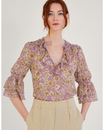 Monsoon Keava Ruffle Blouse In Recycled Polyester Purple - Brown