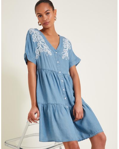 Monsoon Lace Embroidered Dress Blue