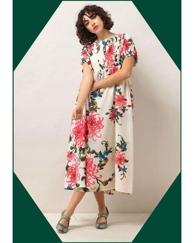 Monsoon One Hundred Stars Pleat Floral Dress Ivory - Green