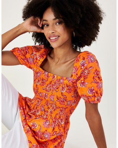 Monsoon Floral Print Shirred Bodice Top In Sustainable Cotton Orange