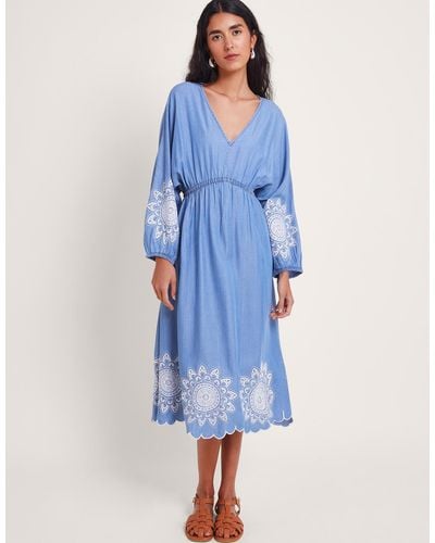Monsoon Tabitha Embroidered Denim Dress Blue