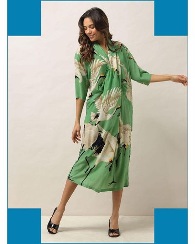 Monsoon One Hundred Stars Stork Print Dress Green