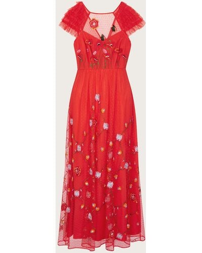 Monsoon Octavia Embroidered Midi Dress Red