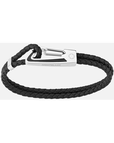 Montblanc Bracelet In Woven Black Leather With Steel Carabiner Closure And Black Lacquer Inlay