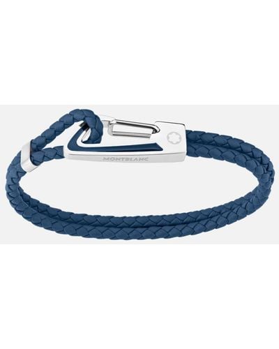 Montblanc Bracelet In Woven Blue Leather With Steel Carabiner Closure And Blue Lacquer Inlay