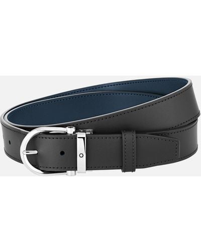 Montblanc Cintura Reversibile In Pelle Nera/blu 35 Mm Con Fibbia A Ferro Di Cavallo