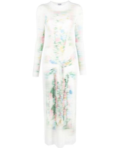 Loewe Long Tube Dress In Blurred Print Mesh - White
