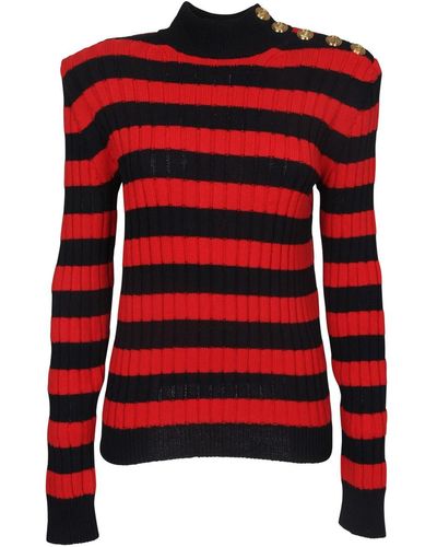 Balmain Striped Ribbed-knit Jumper - Red