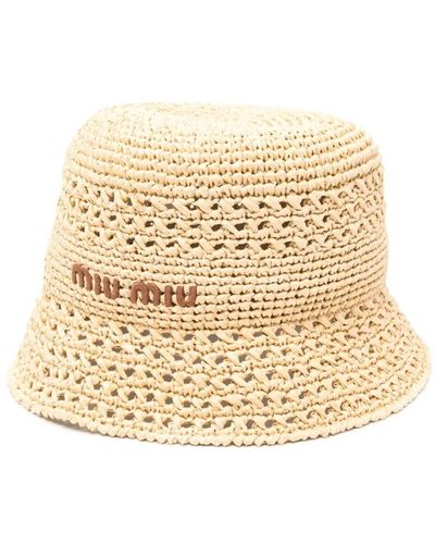 Miu Miu Embroidered-Logo Raffia Bucket Hat - Natural