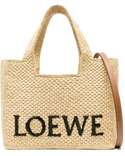 Loewe Small Font Tote Bag In Raffia - Metallic