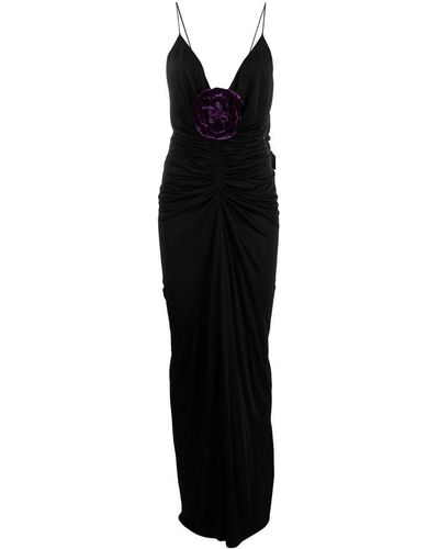 Saint Laurent Rose-appliqué Draped Gown - Black