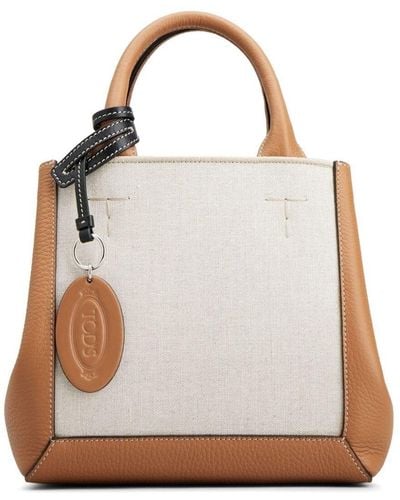 Tod's Double Up Shopping Bag In Leather And Canvas Small - Neutro
