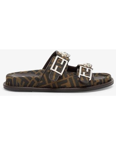 Fendi Ff Fabric Slide Sandals Shoes - Black