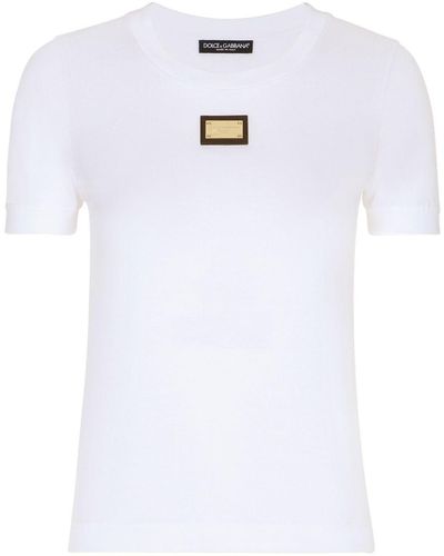 Dolce & Gabbana T Shirt Con Placca Logata In Metallo - Bianco