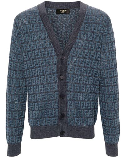 Fendi Ff-jacquard Knitted Cardigan - Blue