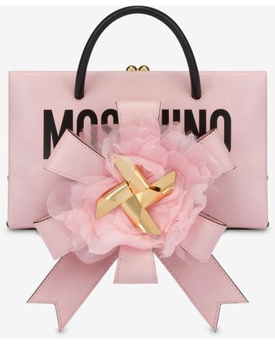Moschino Small Satin Shopper With Bows And Feathers - Pink