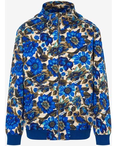 Moschino Allover Blue Flowers Stretch Bull Bomber Jacket