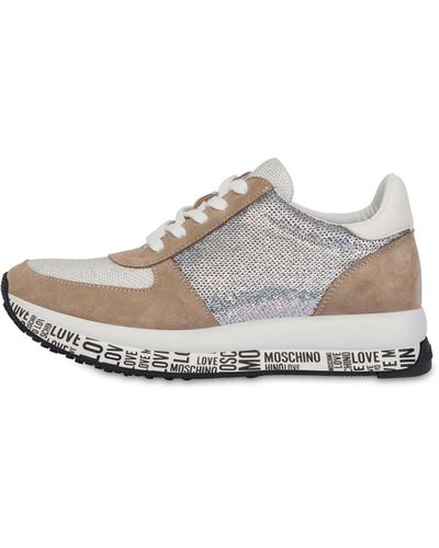 Moschino Split Leather And Sequins Trainers - Natural