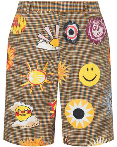 Moschino Allover Sun Smiley® Print Check Cotton Bermuda Shorts - Brown