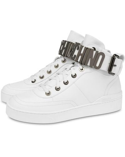 Moschino High Sneakers In Vitello Lettering Logo - Bianco