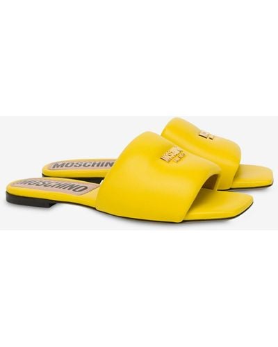 Moschino Metal Logo Nappa Leather Flat Sandals - Yellow