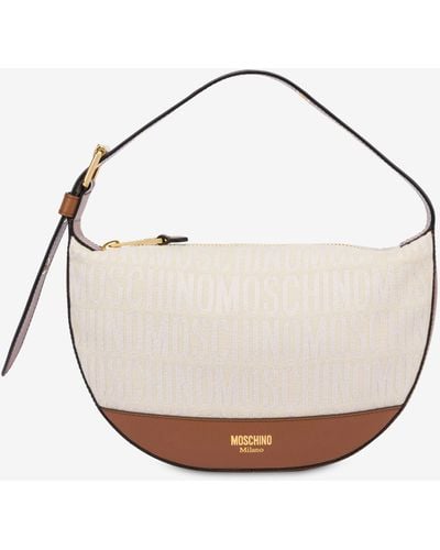 Moschino Hobo Bag In Cotone E Viscosa Allover Logo - Bianco