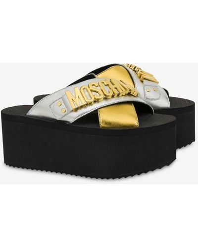 Moschino Lettering Logo Laminated Wedge Sandals - Black