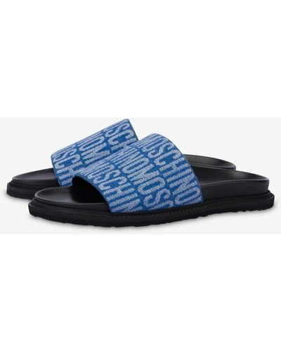 Moschino All-over Logo Denim Slide Sandals - Blue