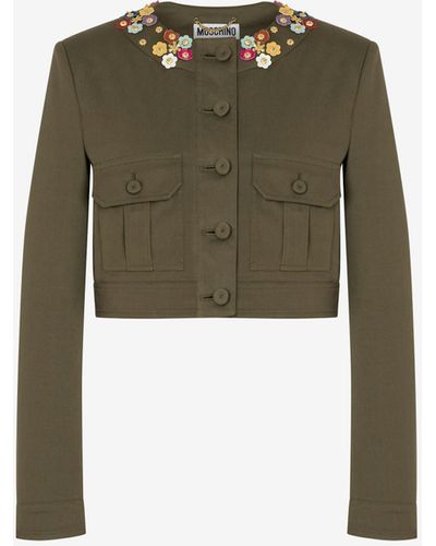 Moschino Flowers Cotton Canvas Cropped Jacket - Green