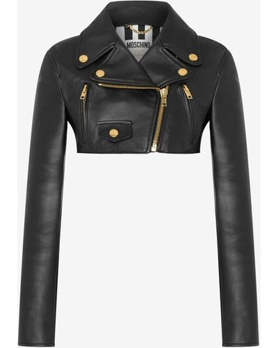 Moschino Nappa Leather Cropped Biker Jacket - Black