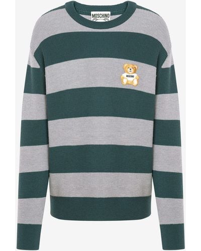 Moschino Pullover A Righe In Lana Teddy Patch - Verde