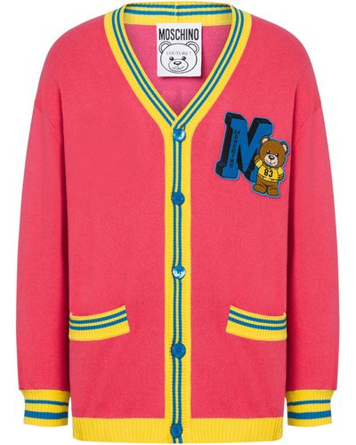 Moschino Regenerated Cashmere And Cotton Varsity Teddy Bear Cardigan - Pink