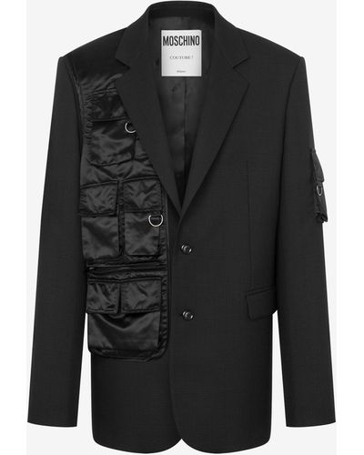 Moschino Multipocket Details Glen Plaid Wool Jacket - Black