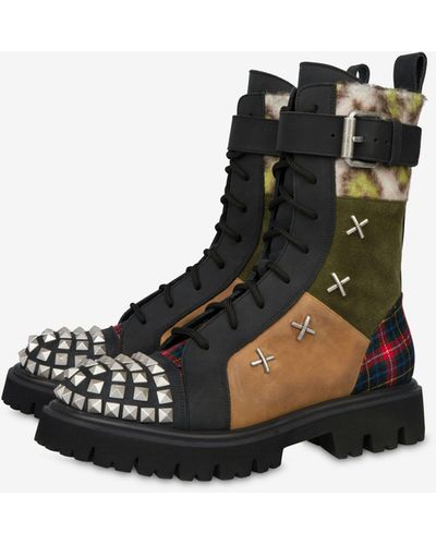 Moschino Military Patchwork Combat Boots - Black