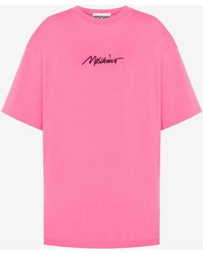 Moschino T-shirt In Jersey Organico Logo Embroidery - Rosa