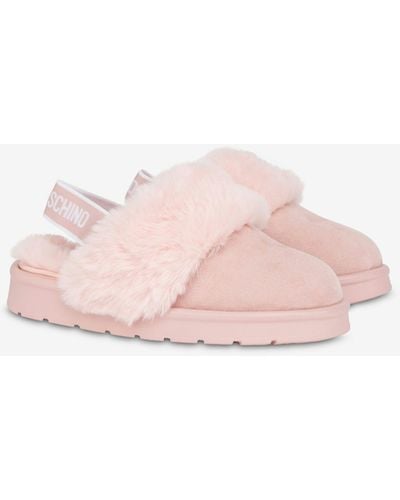 Moschino Elastic Logo Band Suede Mules - Pink