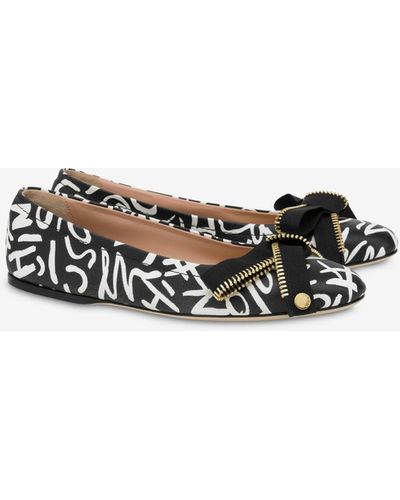 Moschino Bow Zip Printed Nappa Leather Ballet Flats - White
