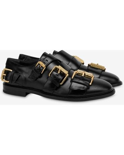 Moschino Multi Buckles Shiny Calfskin Loafers - Black