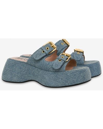 Moschino Buckles Denim Platform Sandals - Blue