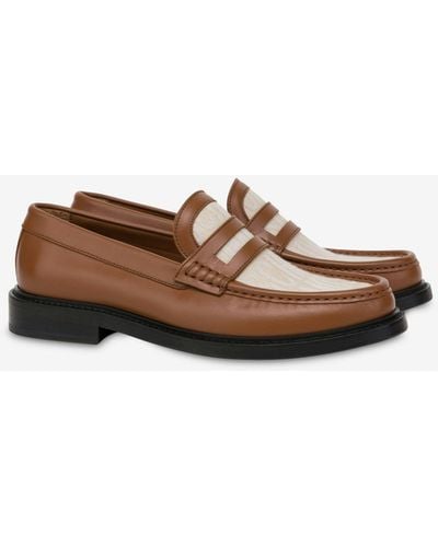 Moschino Allover Logo Calfskin And Canvas Loafers - Brown