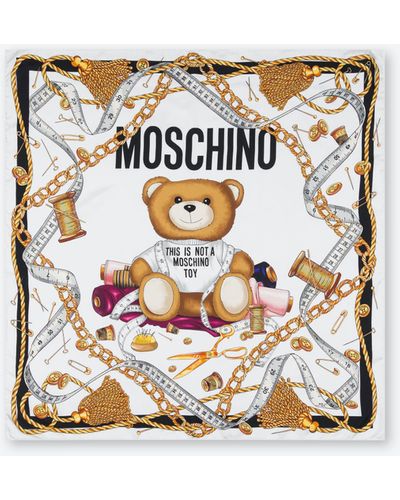 Moschino Foulard In Seta Sartorial Teddy Bear - Bianco