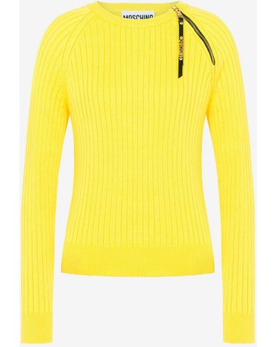 Moschino Lettering Zipper Pull Rib-knit Cotton Jumper - Yellow